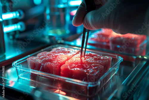 Futuro in cui la biotecnologia consentirà la produzione di carne coltivata in laboratorio come alternativa sostenibile alla produzione di carne tradizionale photo