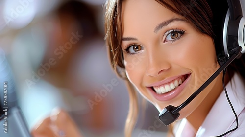 Ragazza sorridente del call center che fornisce un ottimo servizio clienti