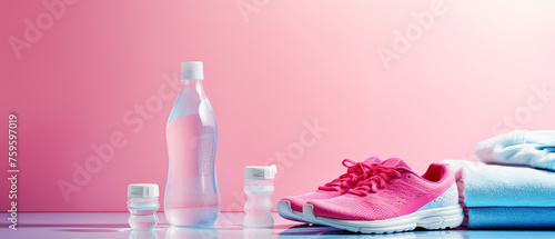 Fitness concept with bottle of water towel tablet 