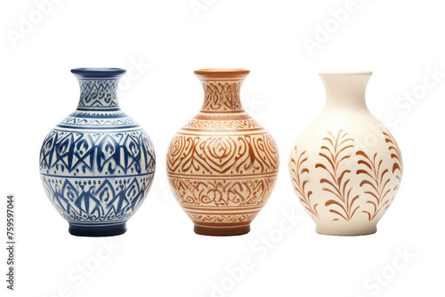 Three Vases Arranged Neatly Side by Side. on a White or Clear Surface PNG Transparent Background.
