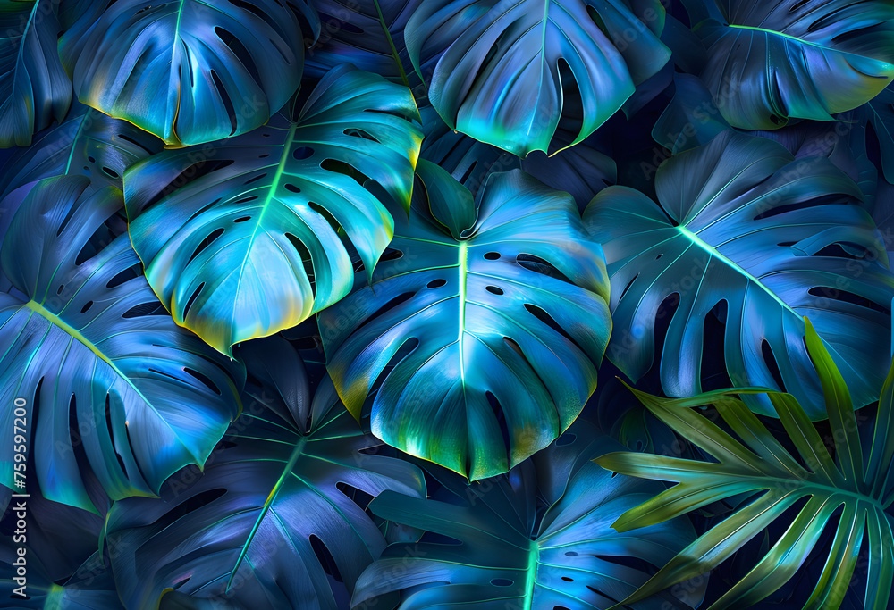 Tropical leaves illuminated with blue and green colors, creating a vibrant and exotic atmosphere. Perfect for tropical-themed designs and nature-related content. - obrazy, fototapety, plakaty 