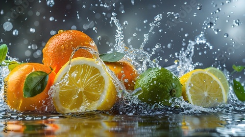 Juice splash lemon  orange  lime set. Citrus splashig fresh.