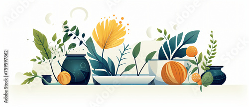 Flat logo vector still life with plants deco white background