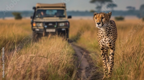 A safari jeep ventures into the heart of the African savannah, leaving behind cheetahs during an unforgettable game drive in South Africa