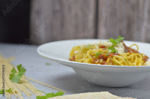 delicious pasta alla carbonara, a traditional recipe of pasta with egg sauce