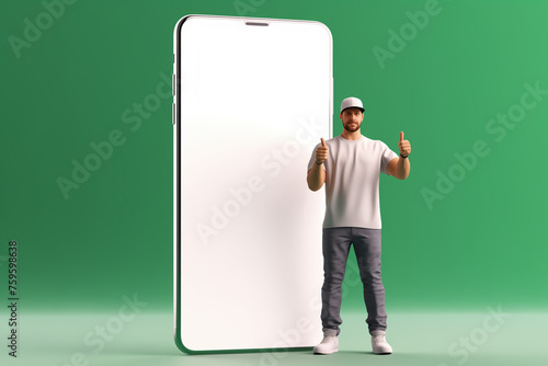 Pointing at device screen. Photo and 3d illustration of man standing next to huge 3d model of smartphone with empty white screen isolated on green background. Mockup for ad, text, design, logo