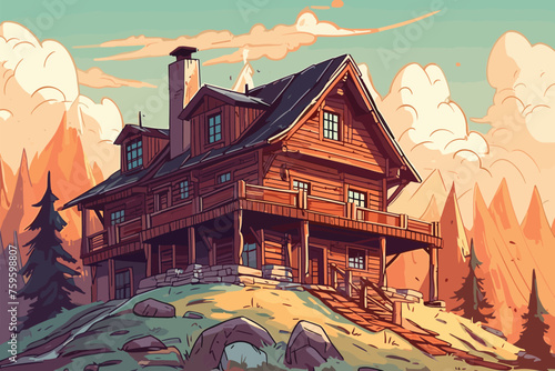 Cozy wooden Chalet in the mountains Mountain landscape transparent background. Generative AI