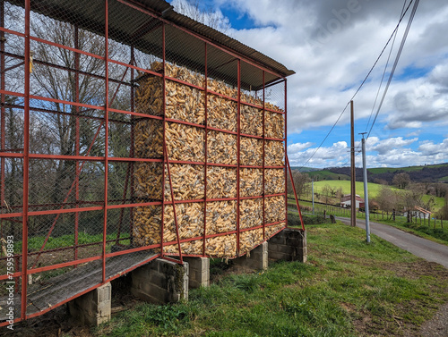 Colheita de espigas a secarem no espigueiro numa zona rural com o céu parcialmente nublado photo