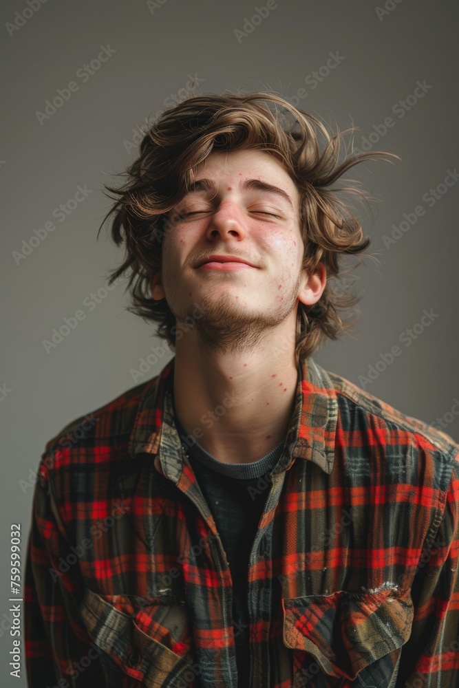 Fototapeta premium Handsome smiling, happy and pleased stoic man with positive vibes. Portrait of a joyful young man with beautiful hair and fashionable clothes.