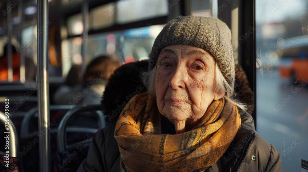 Elderly woman on a bus journey gazes thoughtfully, her face telling stories of life lived.