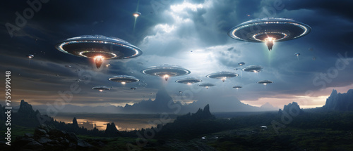 Flying saucers of aliens of alien civilizations 