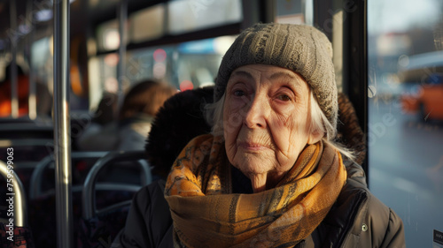 Elderly woman on a bus journey gazes thoughtfully, her face telling stories of life lived.