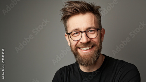 Smiling bearded man projects warmth and friendliness in a natural, engaging portrait. © VK Studio