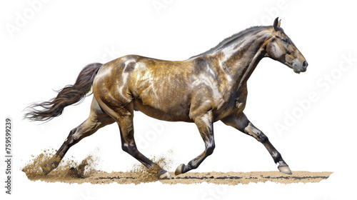 Brown horse galloping swiftly across a dusty dirt field under the bright sun
