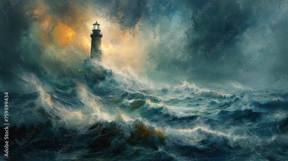 Lighthouse Standing Strong in Stormy Ocean Lighthouse Standing Strong in Stormy Ocean