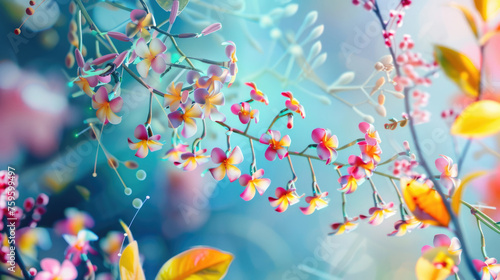 A group of colorful flowers clustered together and hanging from a tree branch in a natural setting