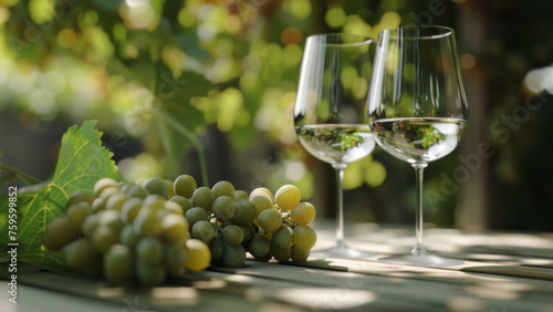 Sun-kissed grapes and wine glasses suggest a tranquil vineyard afternoon.