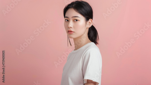 Serene woman posing with delicate elegance on a soft pink background, embodying tranquility.