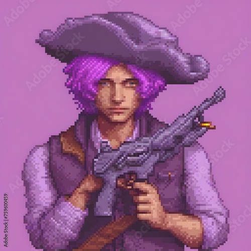 pixel art of a man in a purple wig is holding a purple colored gun, in the style of rococo pastel hues, zbrush, baroqueinspired still lifes, hyperrealistic pop, portraitures with hidden meanings, photo