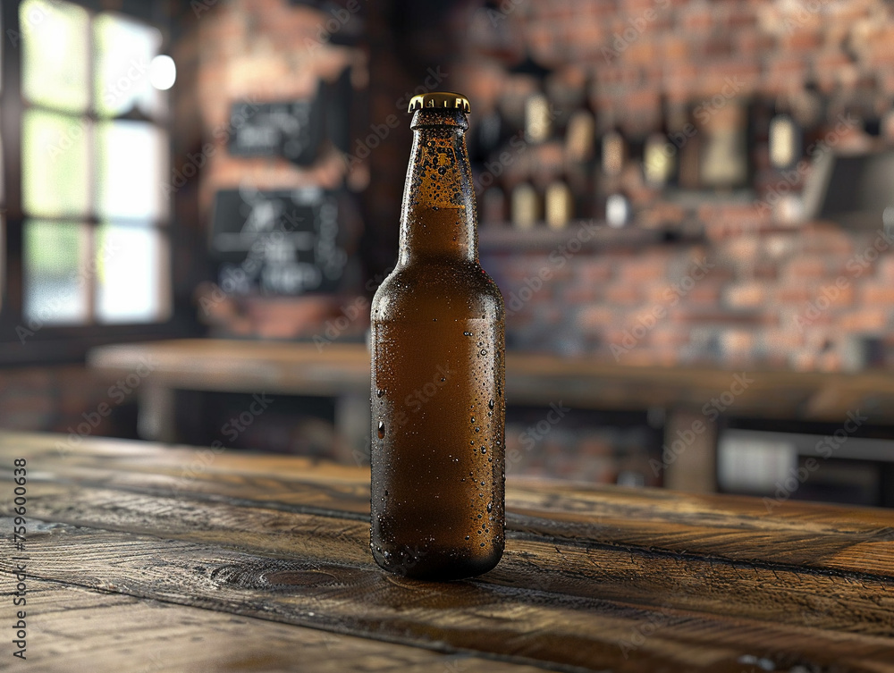 Cold craft beer bottle with condensation on rustic wooden table, concept of refreshment and craft brewing. - obrazy, fototapety, plakaty 