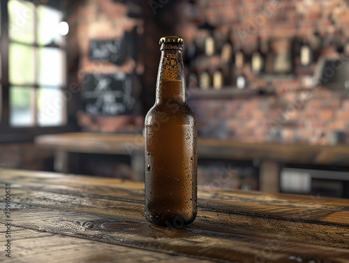 Cold craft beer bottle with condensation on rustic wooden table, concept of refreshment and craft brewing. photo