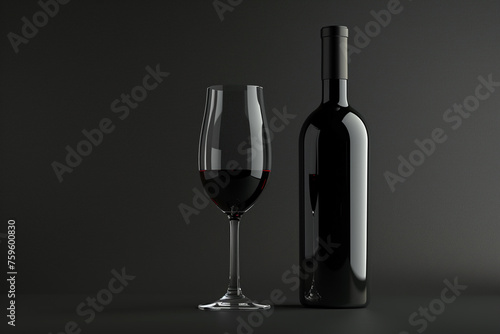 3d render of an elegant wine bottle with a glass on a dark background.
