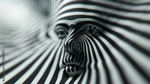 Hyper realistic zebra pattern with human facial features, blending wildlife and human portraiture.