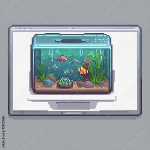 pixel art of a macbook with a aquarium inside the screen