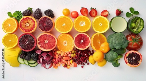 Rainbow colored fruits and vegetables on a white table. 