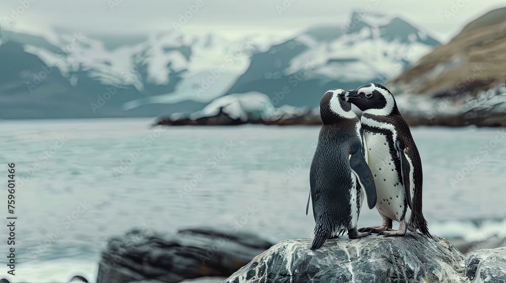 Obraz premium Celebrate World Penguin Day on April 25 with a captivating poster featuring adorable penguins in their natural habitat, promoting awareness and conservation efforts