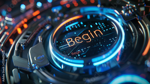 A close-up reveals an illuminated Begin button at the centre of a sophisticated, circular interface with intricate circuitry and a neon-blue glow