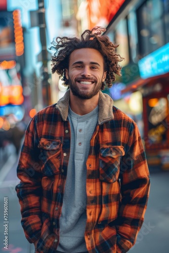 Handsome smiling, happy and pleased stoic man with positive vibes. Portrait of a joyful young man with beautiful hair and fashionable clothes. © Merilno