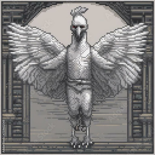 pixel art of a man riding a white feathered bird, in the style of golden ratio, intricate black and white illustrations, columns and totems, energyfilled illustrations, undefined anatomy, photo