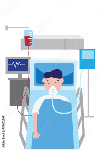 Patient asleep in a hospital bed. Editable Clip Art.