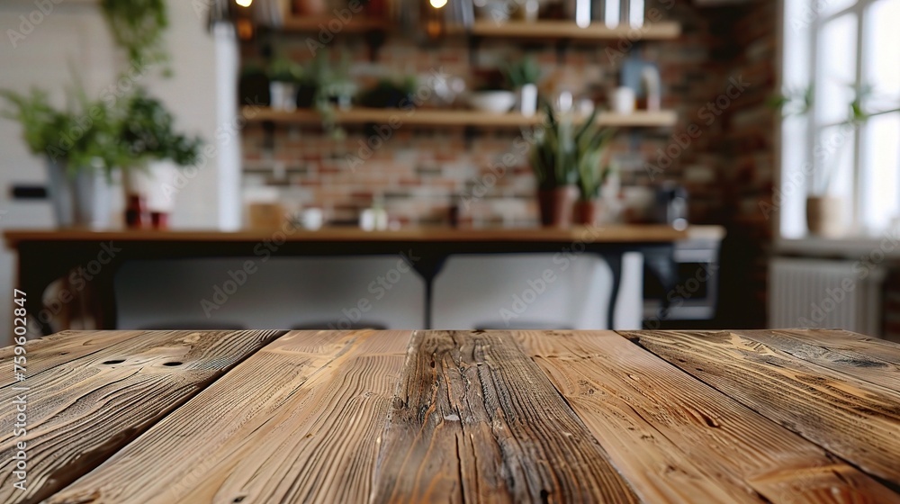Table top and blurred kitchen room as background Table top and blurred kitchen room as background