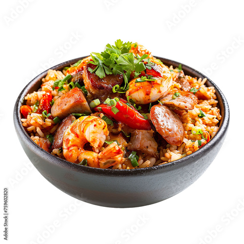  front view of scrumptious Cajun Jambalaya with a mix of rice, sausage, and seafood, food photography style isolated on a white transparent background