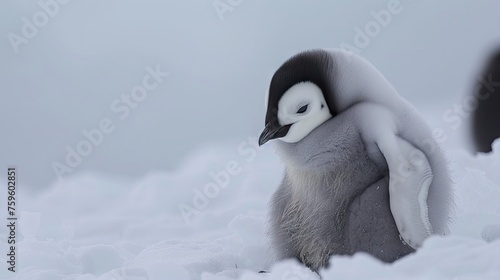 A captivating glimpse of an Emperor penguin chick exploring the pristine snowy landscape of Snow Hill Island in the Weddell Sea, Antarctica. photo