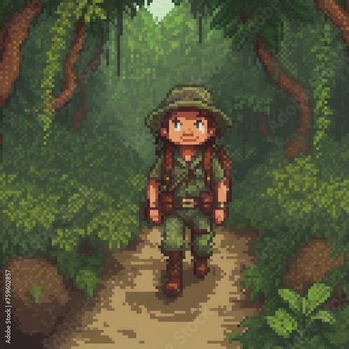 pixel art of a man going into a jungle, he is wearing an adventurer outfit photo