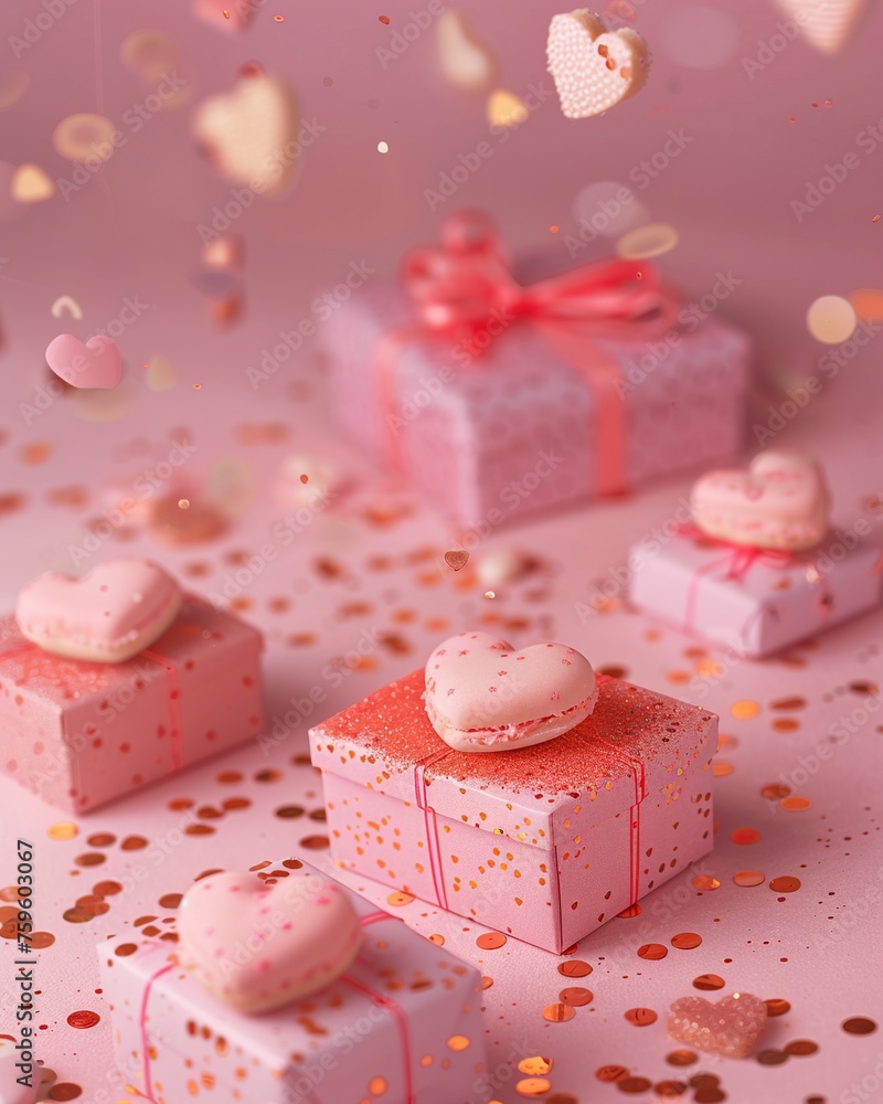 Pink gift boxes with hearts and confetti on a pink background. Pink gift boxes with hearts and confetti on a pink background.