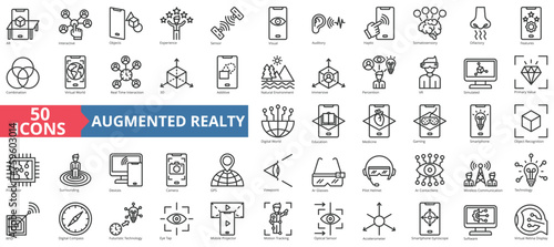 Augmented realty icon collection set. Containing ar, interactive, objects, experience, sensor, visual, auditory icon. Simple line vector