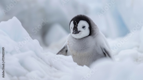 A captivating glimpse of an Emperor penguin chick exploring the pristine snowy landscape of Snow Hill Island in the Weddell Sea, Antarctica. photo