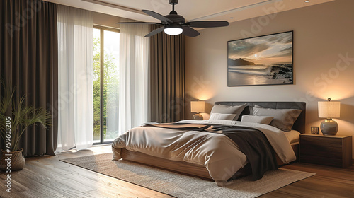 Modern ceiling fan circulating cool breeze in a cozy bedroom on transparent background.