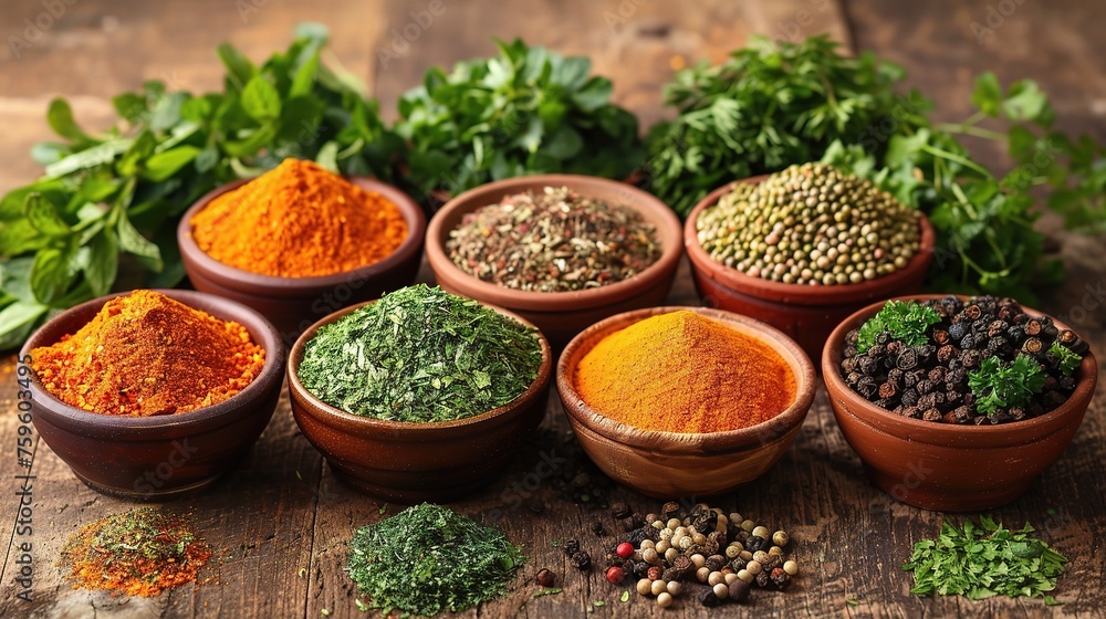 Various colorful herbs and spices on wooden table. Various colorful herbs and spices on wooden table.