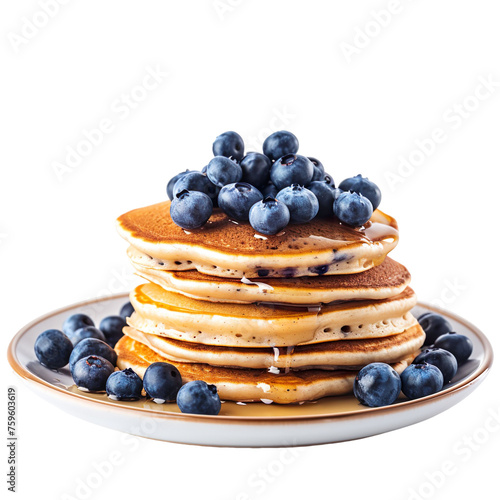  front view of tempting Maine Blueberry Pancakes with a generous heap of fresh blueberries, food photography style isolated on a white transparent background