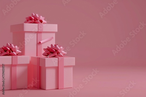 Stacked Pink gift boxes wrapped with ribbons on pink background © Obsidian