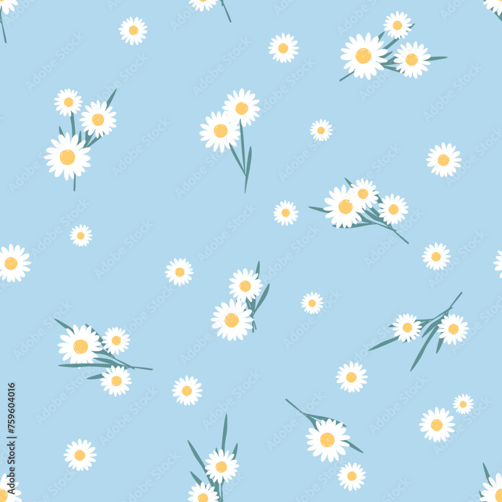 Seamless pattern with daisy flower on blue background vector.
