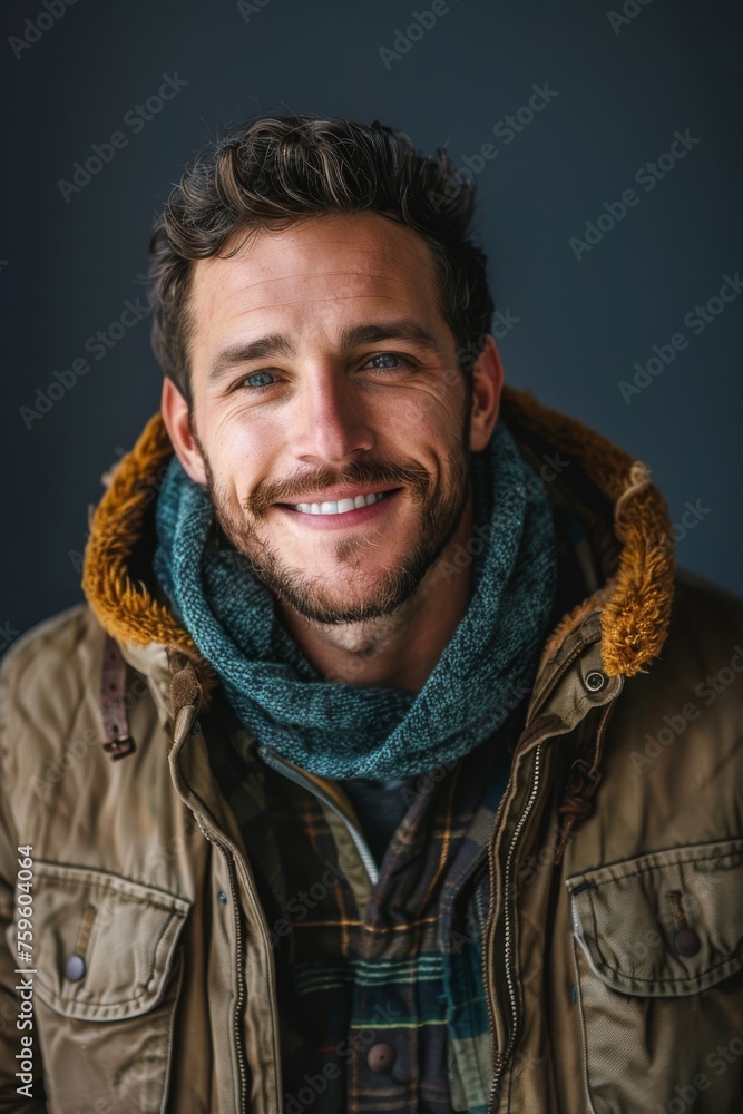 Obraz premium Handsome smiling, happy and pleased stoic man with positive vibes. Portrait of a joyful young man with beautiful hair and fashionable clothes.