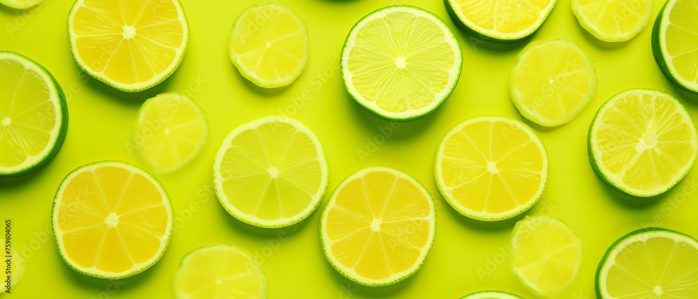 Green lime slices pattern on vibrant yellow color background