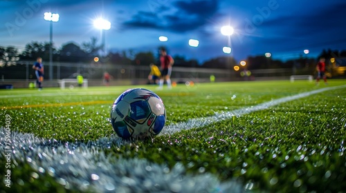 Soccer ball in focus on a synthetic field with players in the background under bright artificial lights photo