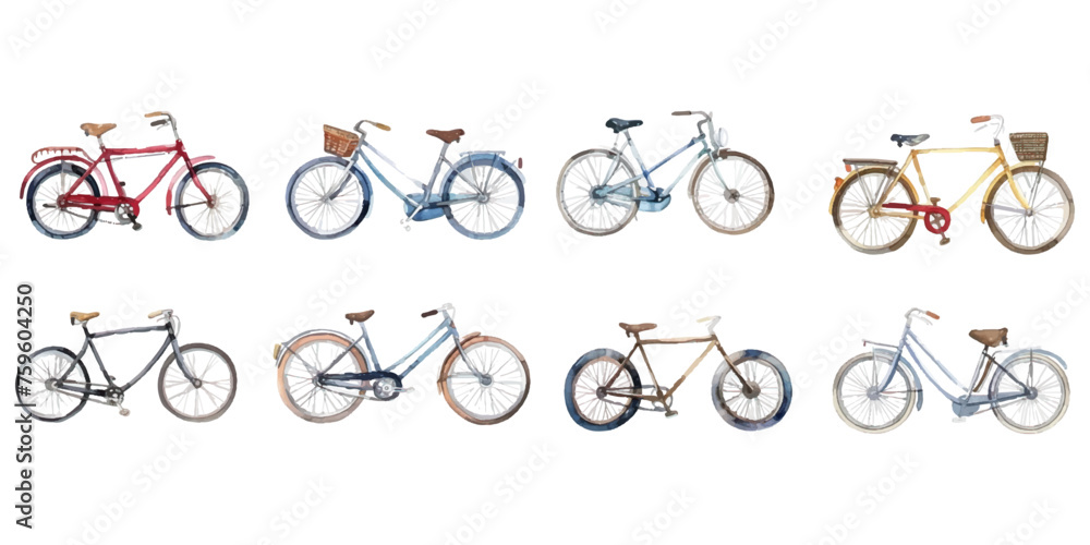 Set of watercolor bicycles on white background. Set of watercolor bicycles on white background.